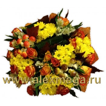 Букет из желто-красных роз, хризантемы, альстромерии.